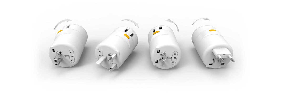 בסיבוב קל של המתאם נשלפים שלושה שקעים שונים המתאימים לתקעים של יותר מ-150 מדינות