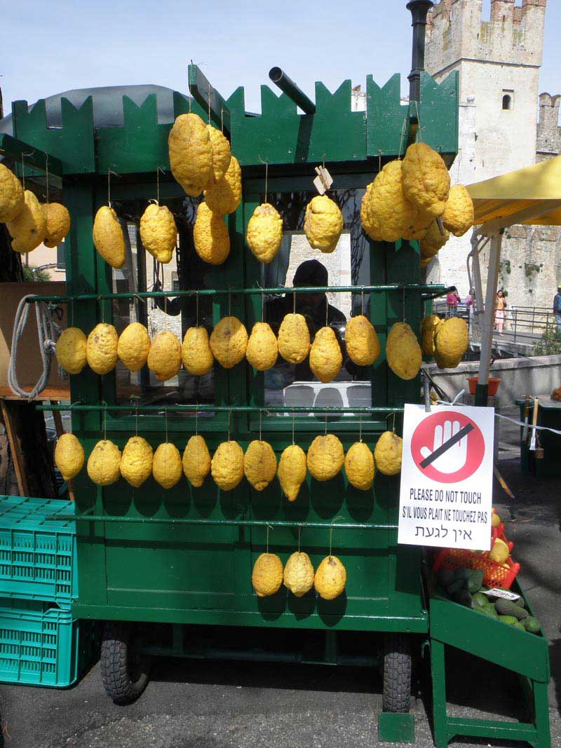 דוכן אתרוגים בכניסה למרכז העתיק של העיירה סירמִיוֹנֶה