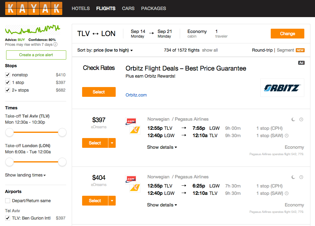 הטיסות הזולות ביותר מתל אביב ללונדון באתר Kayak