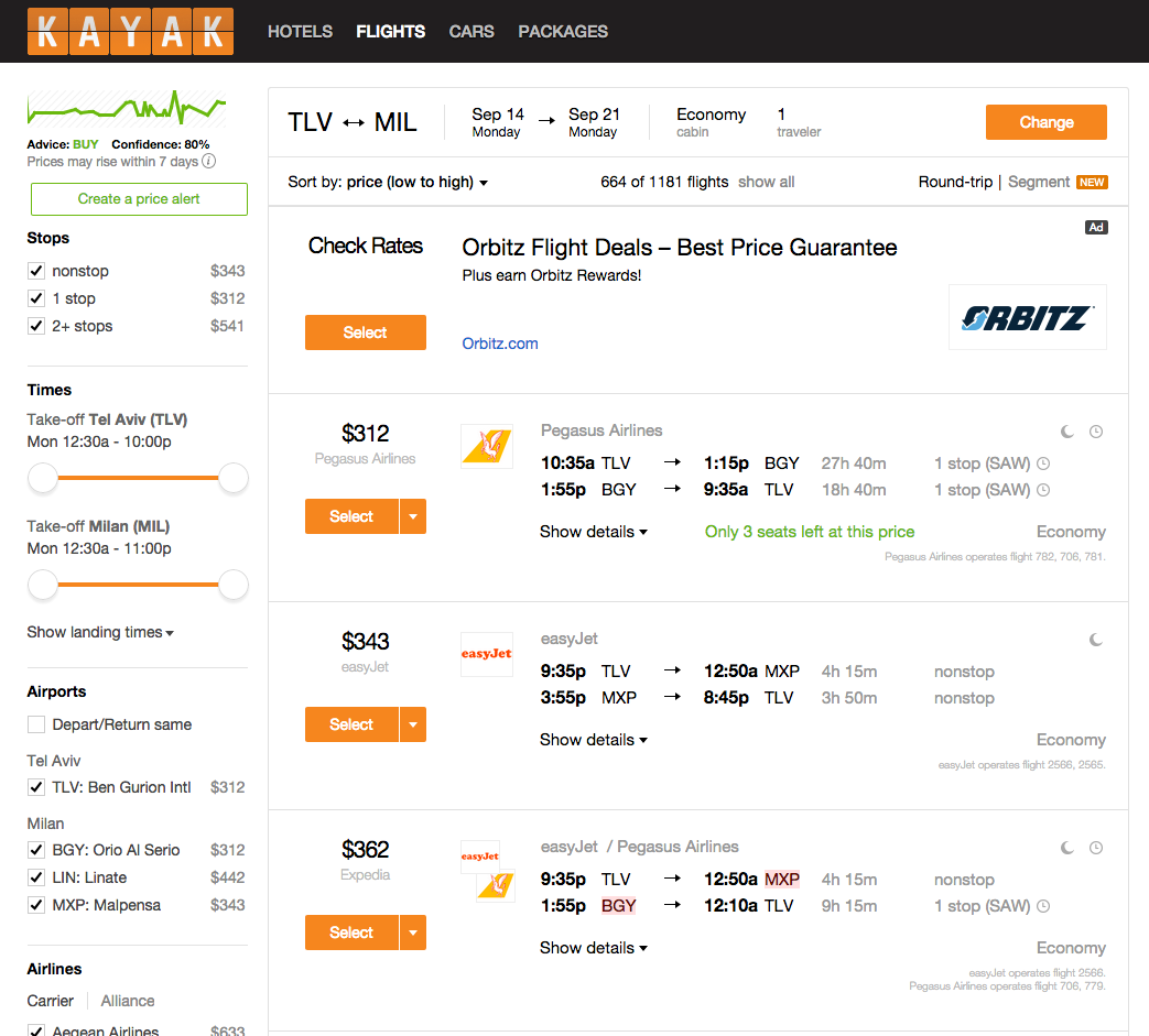 הטיסות הזולות ביותר מתל אביב למילאנו באתר Kayak