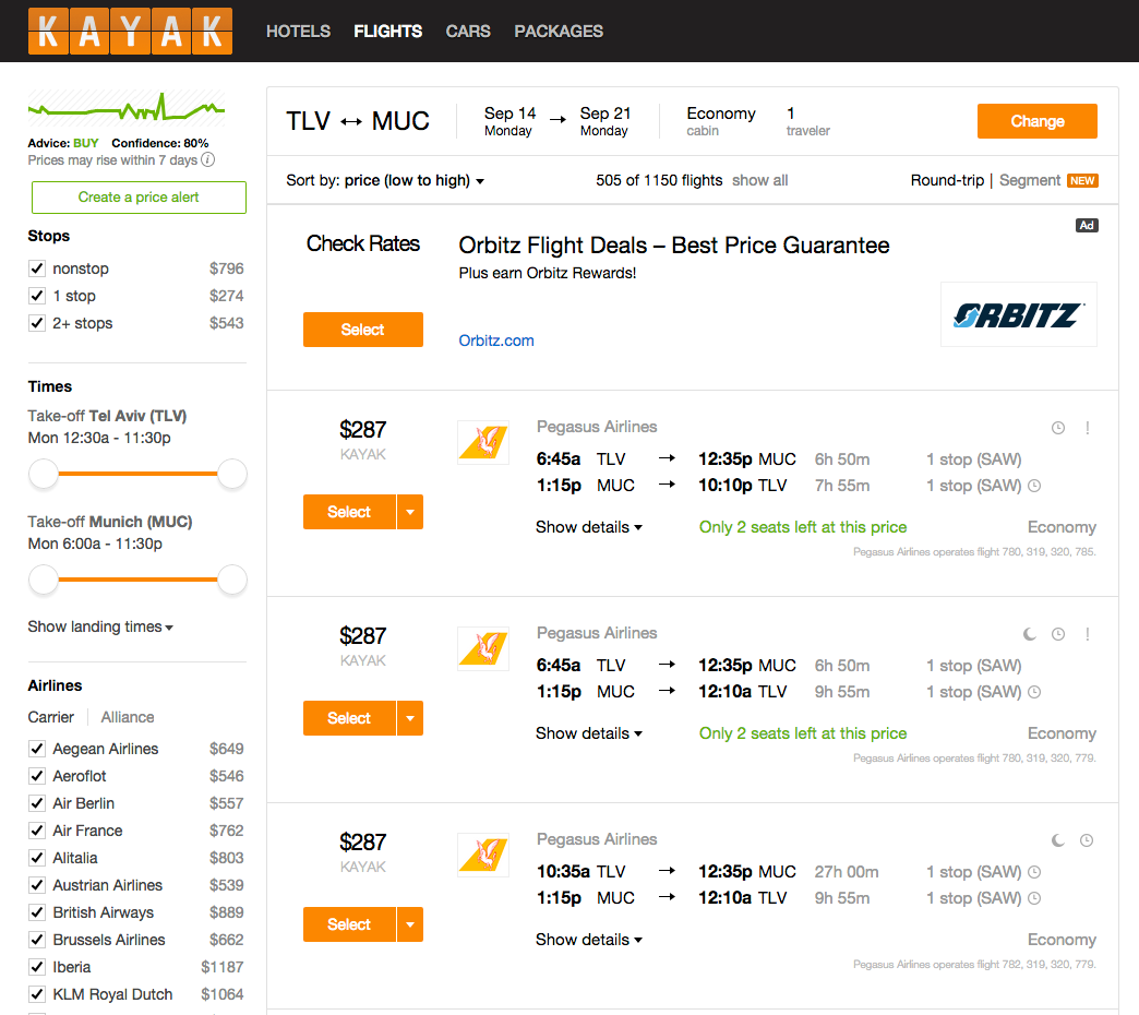 הטיסות הזולות ביותר מתל אביב למינכן באתר Kayak